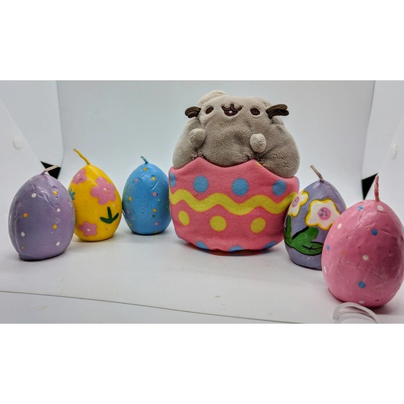 Easter Pusheen 2016 Cat Egg plush 4056994 Grey pink yellow blue bonus Candles - Picture 1 of 6